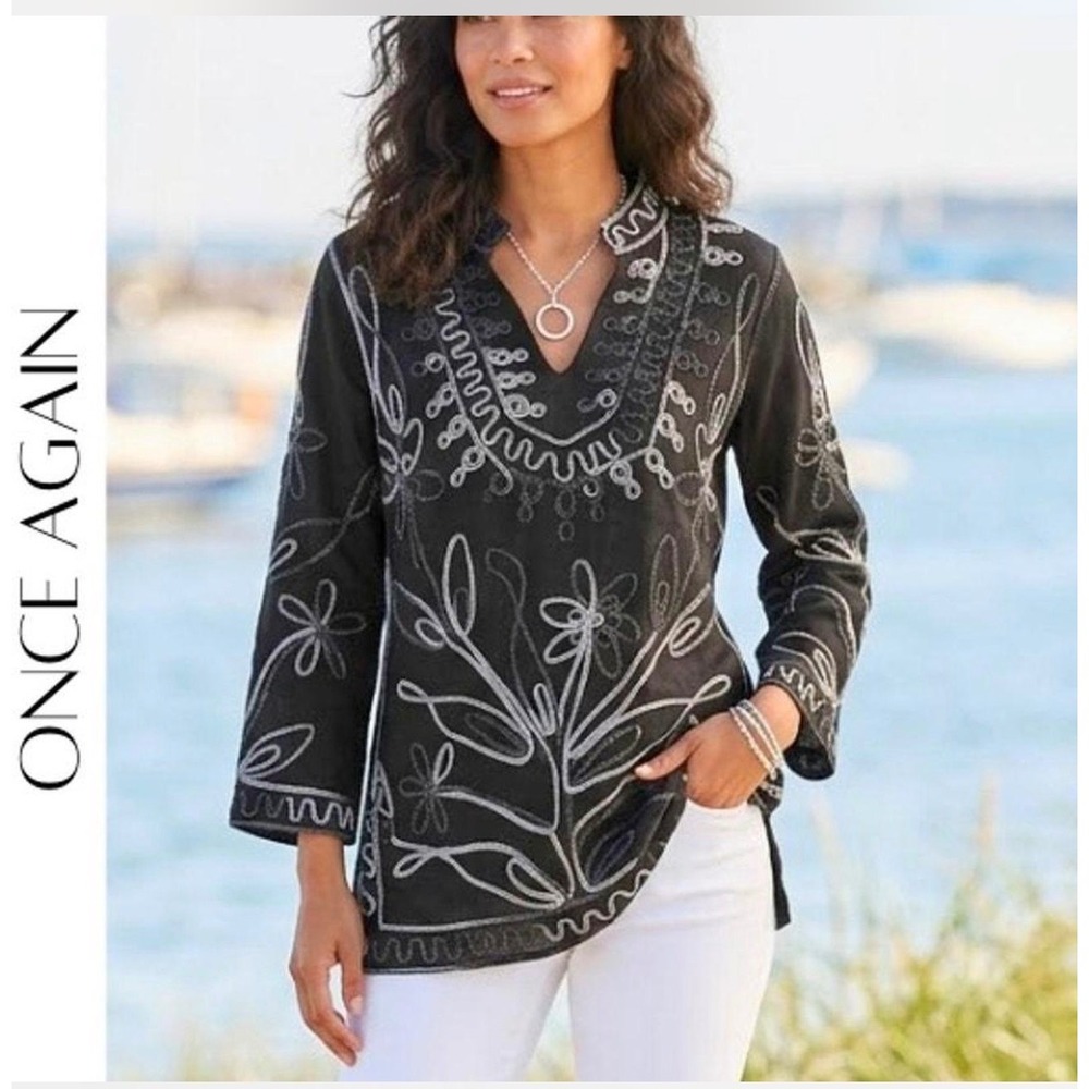 Once Again Black Silver Embroidered Tunic Small Artsy Boho Statement Top